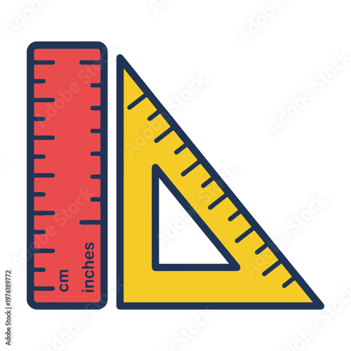 Geometry Tools: Precision meets simplicity as a vibrant red ruler and a bold yellow triangle ruler stand together, perfect tools for measuring and drawing.