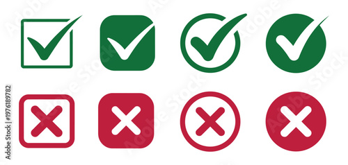Tick and cross button icon set, green check and red cross symbols, yes no checkbox signs, confirmation and cancel icons, clean vector design on transparent background for mobile apps, websites, and di