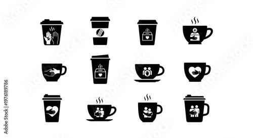 Charity and community support coffee cup icons set featuring hands holding heart and donation boxes for non profit organizations and social help branding