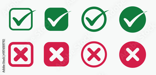 Tick and cross button icon set, green and red checkbox symbols, yes and no signs, approval and rejection icons, decision making elements, modern vector design on transparent background for apps, forms