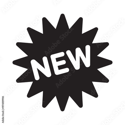 A black starburst shape with the word new prominently displayed inside