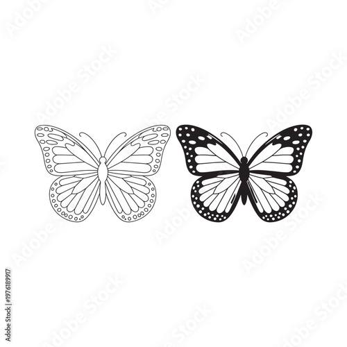 Two butterflies depicted in contrasting black and white line art styles