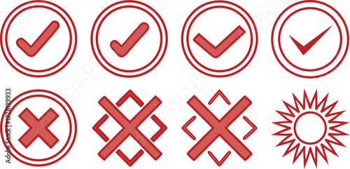 Hand-drawn correction marks and editing symbols, red marker style, arrows, circles, crosses and highlights, isolated vector elements.