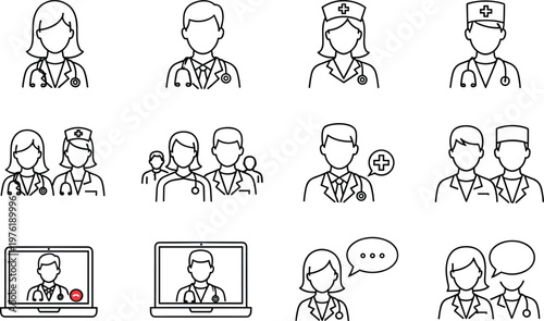 Professional medical staff outline icons including doctors, nurses, online consultation, and healthcare team symbols for hospital and clinic projects.