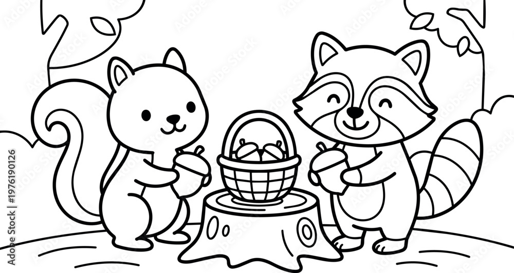 Obraz premium Cute squirrel and raccoon holding acorns with basket on tree stump line art