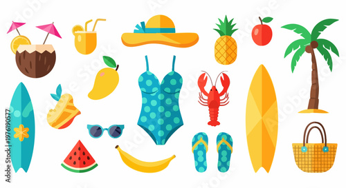 Tropical summer vacation vector icons, beach holiday elements with surfboard and swimwear, colorful exotic fruit and travel symbols set