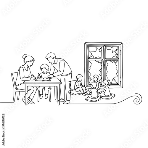 Parents helping a child with homework at the dining table, continuous one line doodle drawing