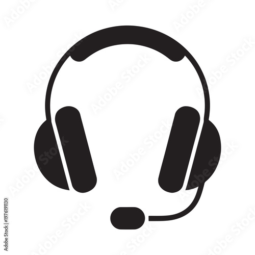 Black silhouette of modern headphones with integrated microphone shown on white