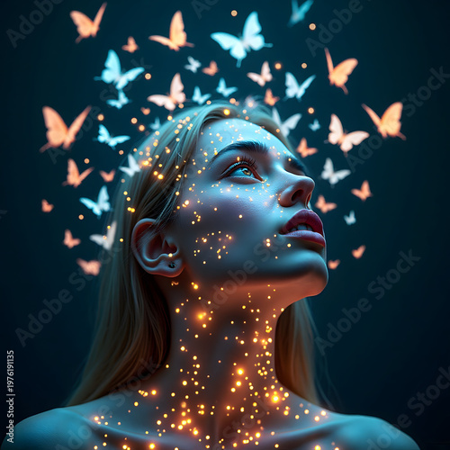 Female face formed by circuits and light, dissolving into butterflies - AI consciousness concept.