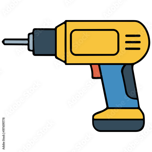 The image shows an illustration of a yellow and blue cordless drill with a drill bit.