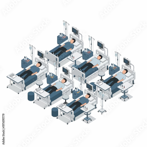Hospital Ward with Patients in Beds Receiving Medical Care.