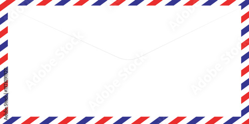 Airmail envelope frame with blue and red stripes on white background. International vintage letter border. Retro air mail postcard. Blank envelope. Vector illustration isolated on white background.
