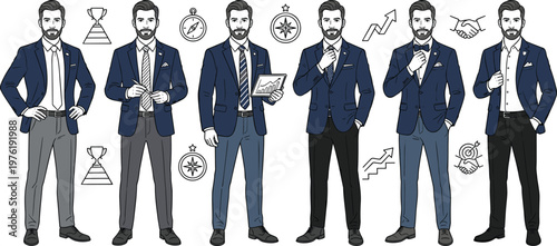 Confident male entrepreneur in formal blazer looking forward for leadership development and executive management career growth concept vector.