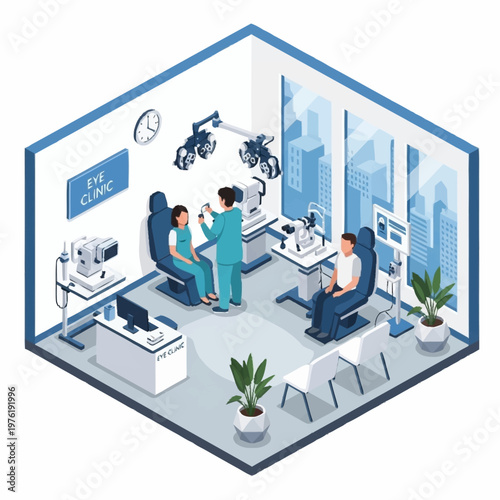 Optometrist Examining Patient in Modern Eye Clinic.