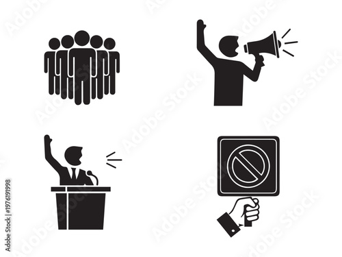 Activism and political speech icons for protest and advocacy.