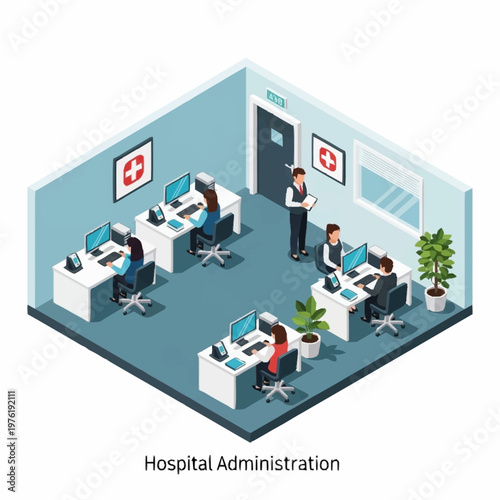 Hospital Administration Office Interior Isometric View.