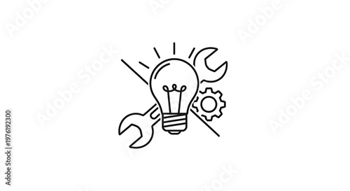 Black line of a light bulb, wrench, and gear, symbolizing business problem solving
