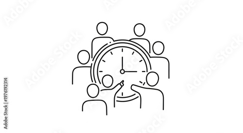 Black line of people grouping around a clock face, symbolizing team time management