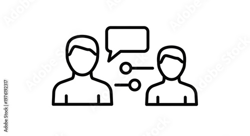 Black line of two people communicating with a speech bubble and connection nodes