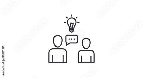 Black line of two people talking with a light bulb symbol above their heads line people