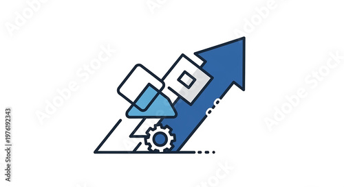 Blue upward arrow with geometric shapes and a gear symbol on a white background growth