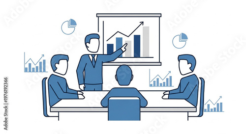 Business meeting with presenter, team members, and financial data charts presentation
