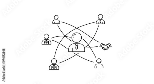 Business networking diagram with central person connected to people and handshake