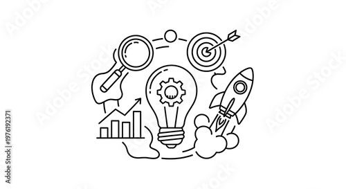 Business innovation concept with lightbulb, rocket, target, magnifying glass and bar chart