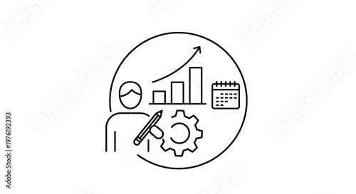 Business project management with person, bar chart, calendar, and gear line person