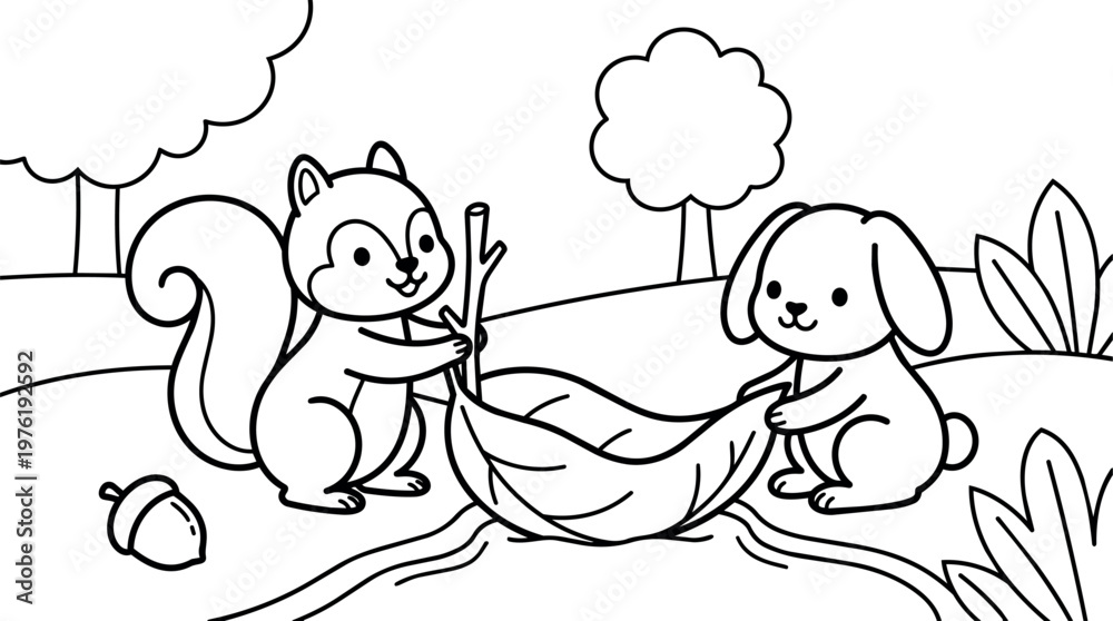 Naklejka premium Black and white line art squirrel and dog holding leaf near pond in park