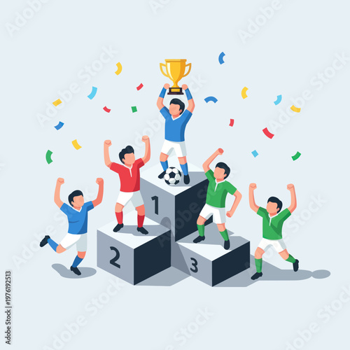 Soccer players celebrating with trophy winner.