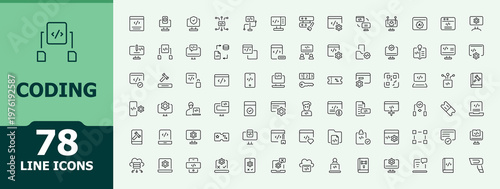 Coding icon set. Minimalist vector collections. Includes thin line symbols web, program, development, programming app, software, programming. Editable vector art. Software icon pack.