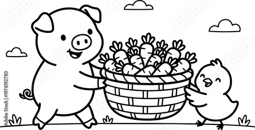 Black and white line art pig and chick carrying basket full of carrots outdoors