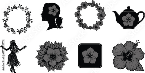 Collection of eight decorative floral tropical icons including wreaths hibiscus teapot motif profile head dancer flower design silhouette artwork illustration set