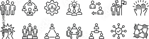 Line icons depicting teamwork strategy and successful business concepts