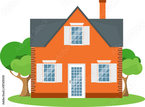 Flat vector illustration of a cozy suburban house with orange walls green trees and garden