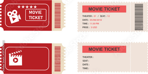Vector set of cinema movie tickets with barcode and clapperboard icons for entertainment industry design