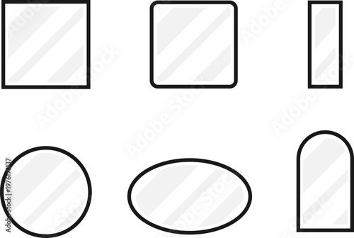 Vector set of minimalist mirrors in different geometric shapes with reflection effect for interior design