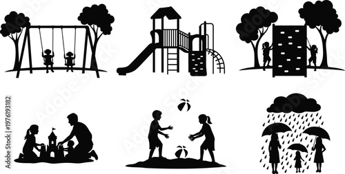 Silhouette illustration of children and adults enjoying outdoor activities including playground, swings, sandcastle building, ball games, climbing wall, and rainy weather umbrella scene