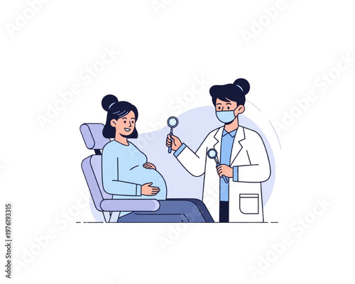Prenatal dental care concept: Expectant mother in dentist chair for oral health checkup. Female dentist with mask and mirrors showing healthy tooth icon. Flat linear vector illustration.