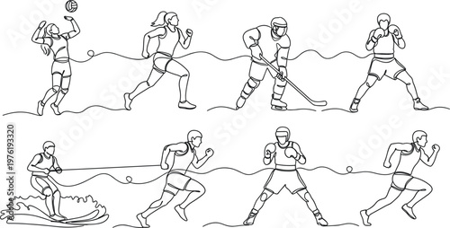 Sports Activity Line Art Illustration Set with Volleyball, Running, Hockey, Boxing, Water Skiing, and Fitness Actions for Athletic Training Vector Collection