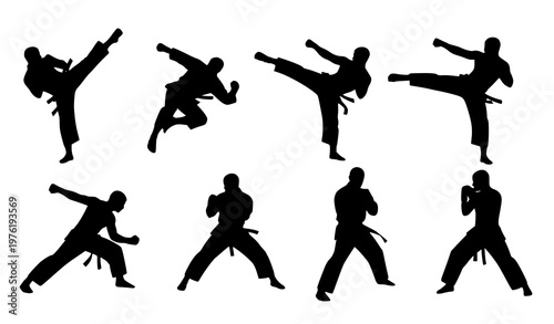 Dynamic martial arts fighter silhouettes vector set in various combat poses for sports and action illustrations