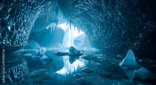 Enchanting ice cave with a lone figure gazing at light