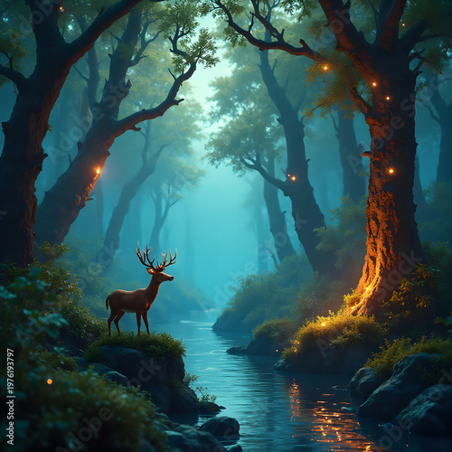 Enchanted forest where nature and technology intertwine - AI integration in environment concept.