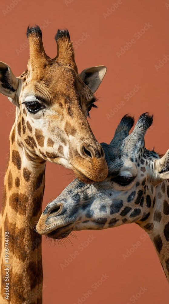 Obraz premium Cozy macro portrait of giraffes showing affection, warm tone