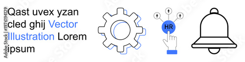 Human resources, business processes, notifications, technology, workforce solutions, automation. Gear, HR button and bell icon tools and actions. Human resources and business processes concept