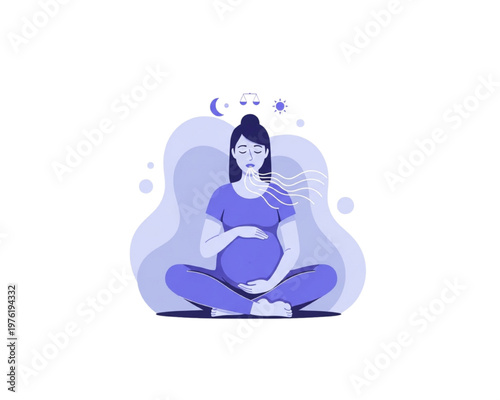 Prenatal mindfulness concept: Pregnant woman practicing deep breathing meditation and yoga for emotional balance, depicted in flat blue monochrome vector art with sun, moon, and scale icons.