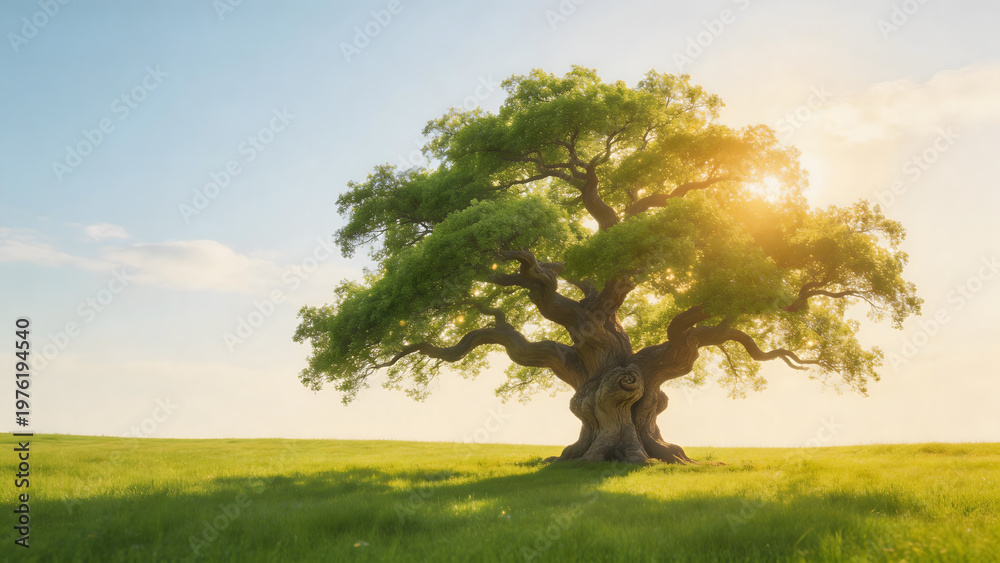 Fototapeta premium Large tree in green field with sunlight