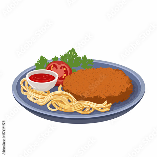 Jägerschnitzel mit Nudeln und Tomatensauce