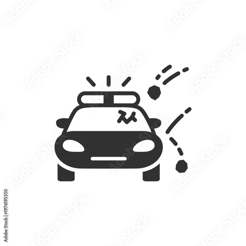 Police car under attack icon. Riot damage and urban conflict situation. Monochrome black and white symbol